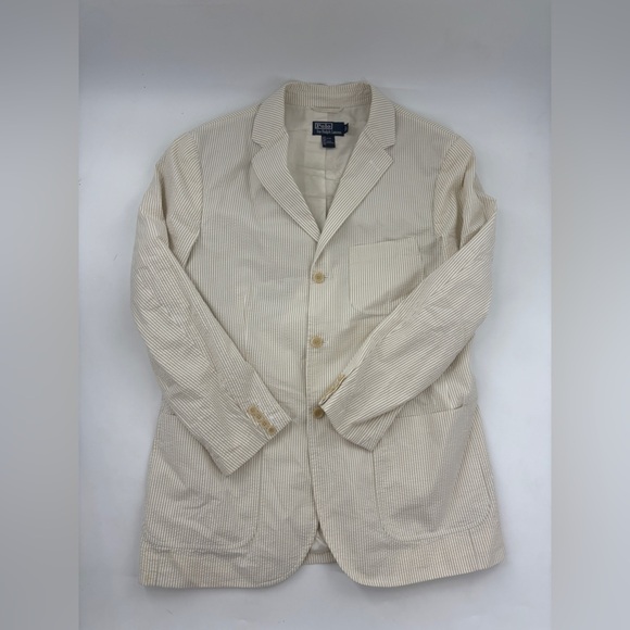 Polo Ralph Lauren Men’s Seersucker Suit Large Blazer & Pants Striped Tan 36/30 - Picture 6 of 16